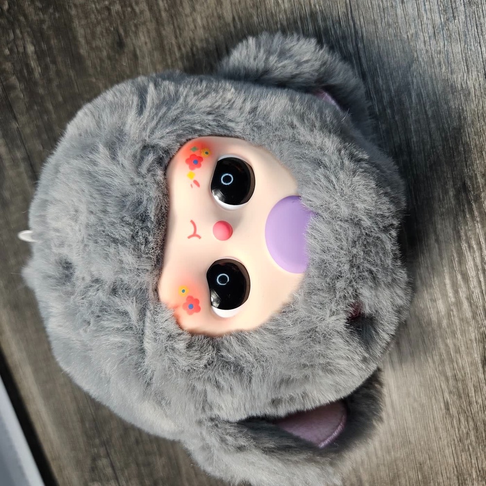 Grey Fluffy Plush Coin Pouch Vinyl Face Kawaii Zipper Purse Round Doll Face Bag